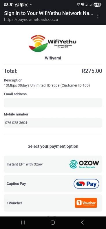 Payment options showing OZOW, Capitec Pay and 1Voucher